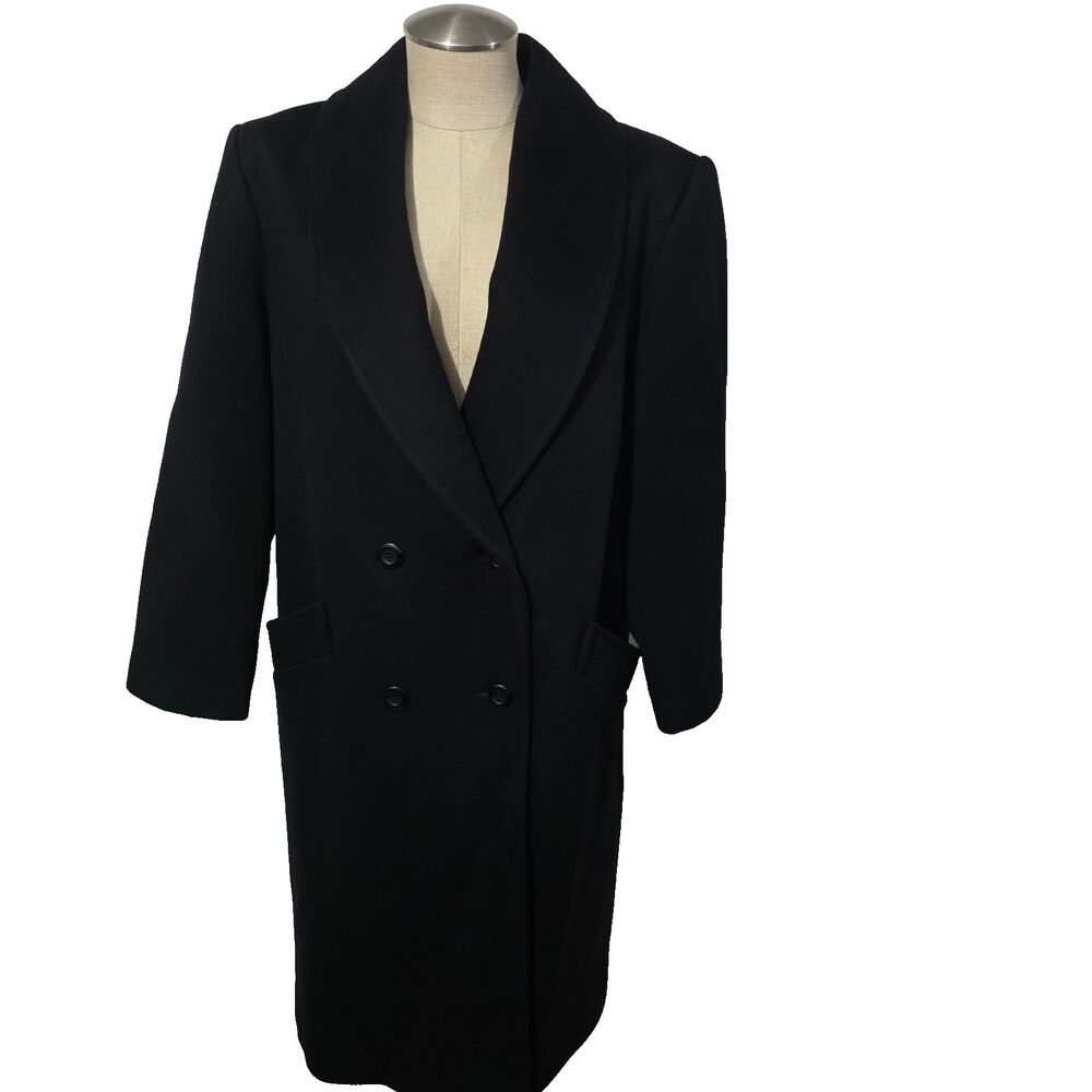 VTG Forecaster of Boston 100% Wool Coat Double Breasted Black Trench USA Made 12
